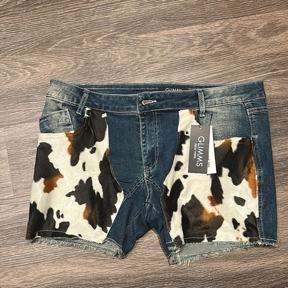 Denim Shorts with Cow Print Accent - Picture 2 of 3